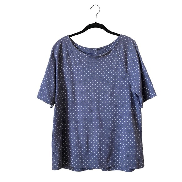 LL Bean Polka Dot Top Women’s Size L Blue White Cotton Button Back Short Sleeve - Picture 1 of 6
